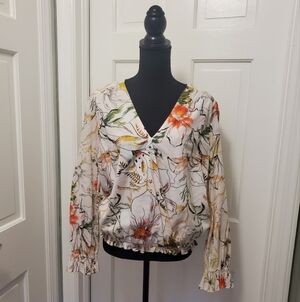 Inc. International Concepts Floral Print 100% Cotton L/S Top Lge, Ruffle Hemline